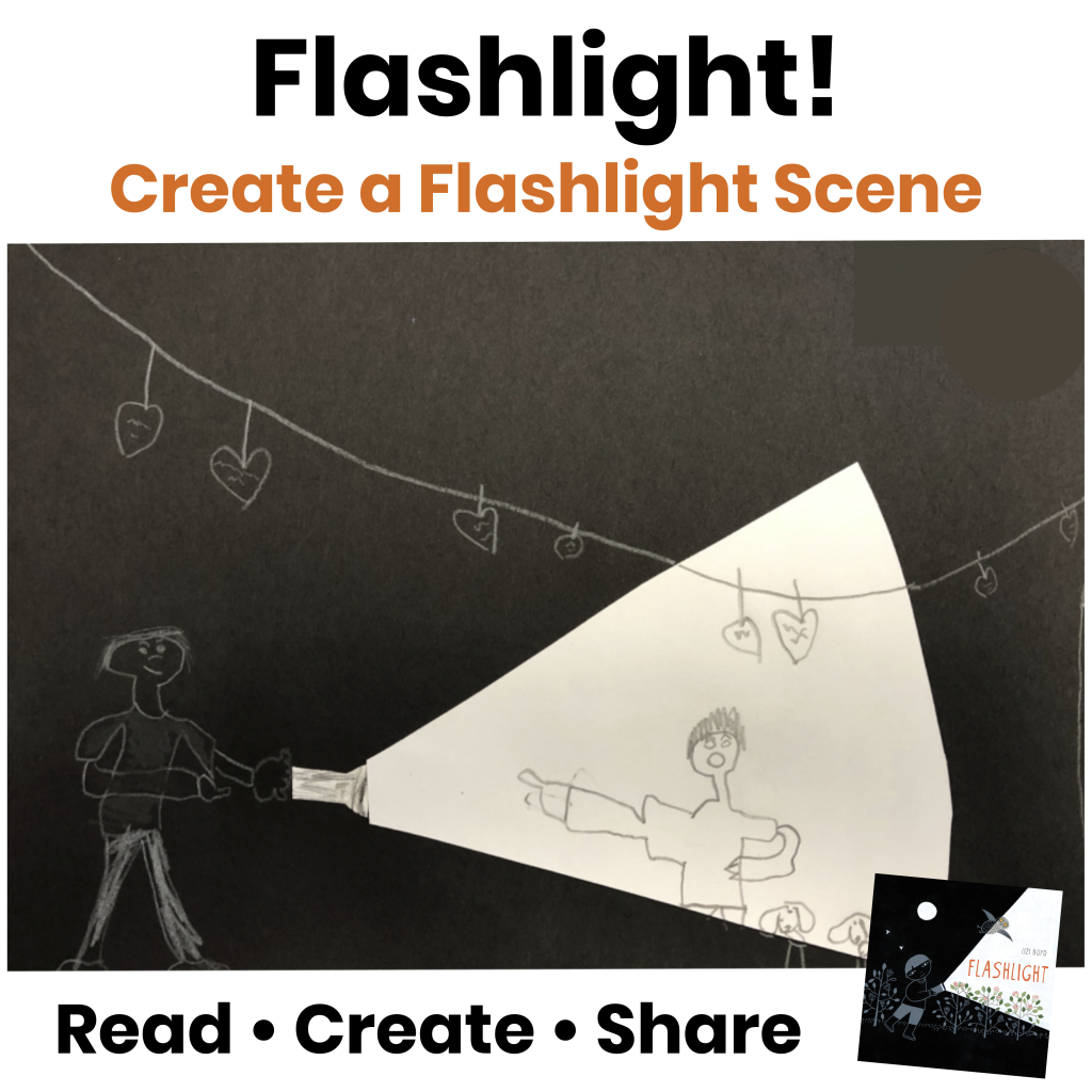 Flashlight book and art activity inspired by Flashlight! by Lizi Boyd. Students create flashlight scenes using black construction paper and white paper.