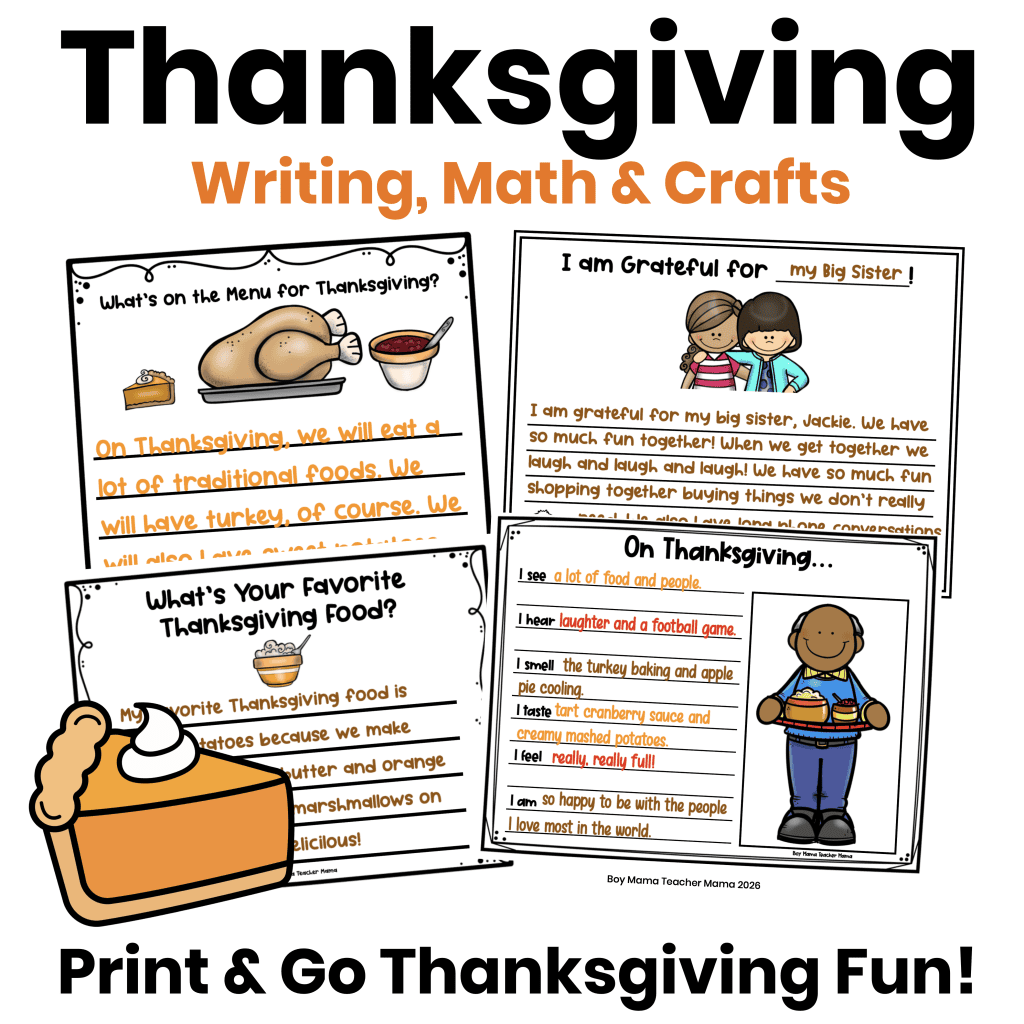 Thanksgiving activities for the classroom featuring student writing samples, a five senses reflection, and Thanksgiving food worksheets.