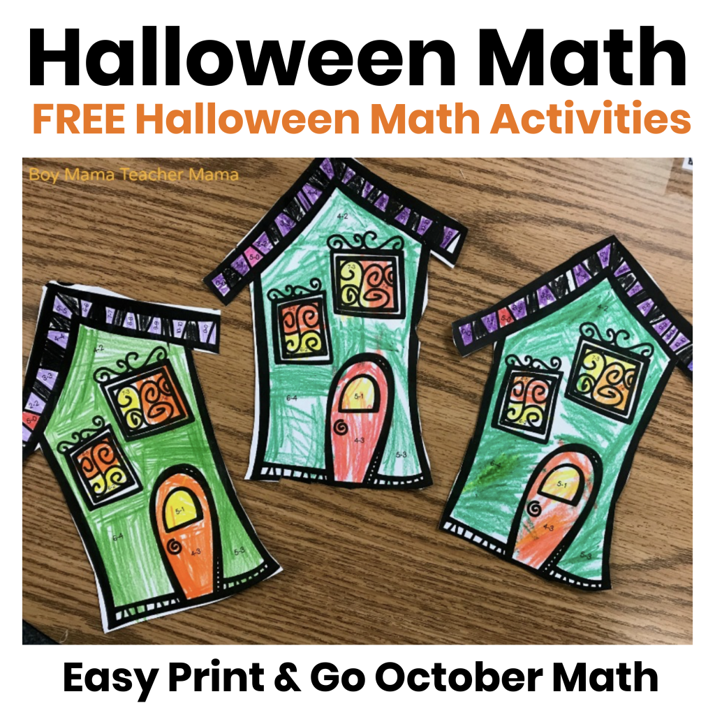 Free Halloween math activities for K-2 showing student colored subtract and color haunted houses perfect for Halloween math centers