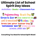 School spirit day ideas for elementary students featuring pajama day, beach day, sports day, crazy hat day, superhero day, and other fun school theme days.
