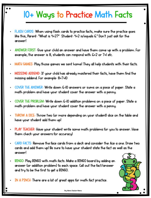 math facts letter for parents