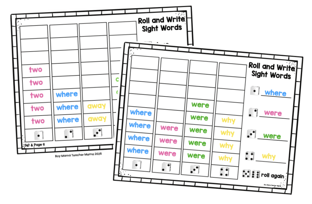 sight word roll and write  boy mama teacher mama
