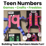 Teen Number Monsters craft with games, crafts, and FREE printables for building teen numbers and strengthening place value.