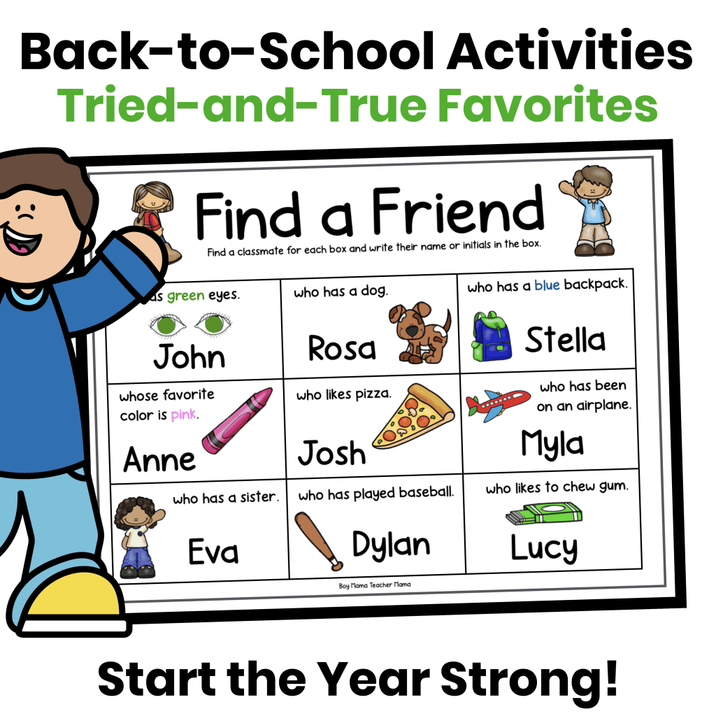 Back-to-school activities featuring a Find a Friend activity for building classroom community during the first days of school.