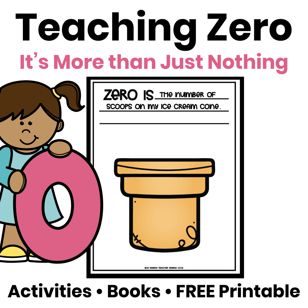 Teaching zero activities, books, and free printable to help children understand the number zero.