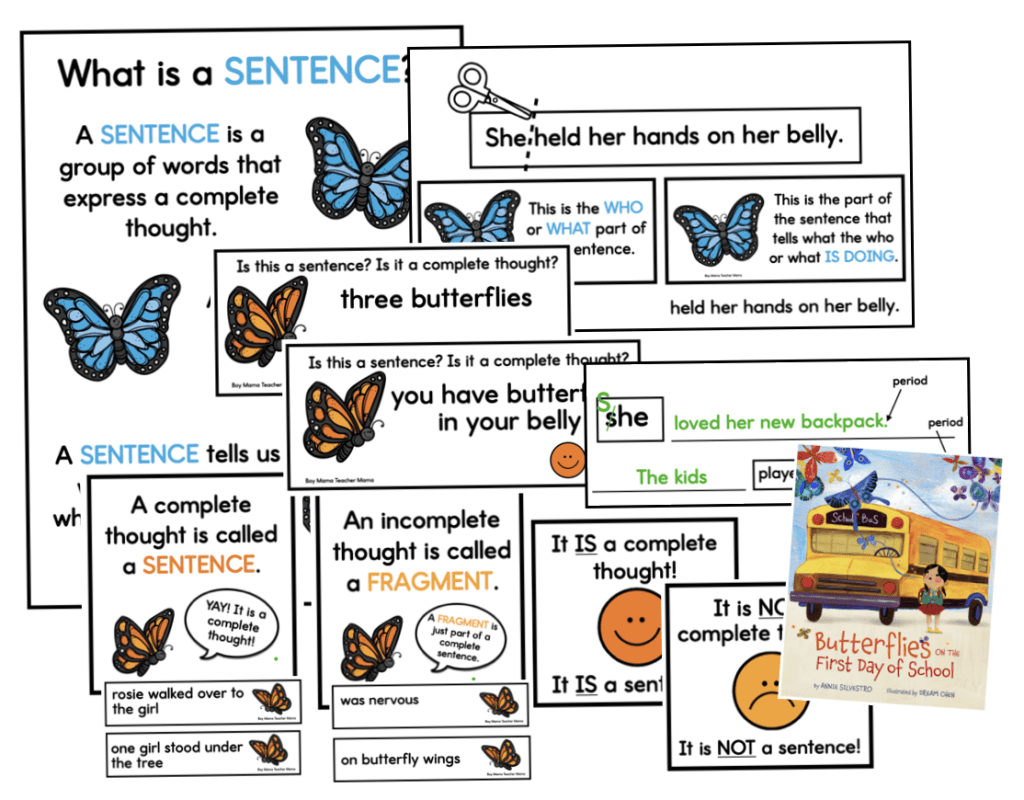 sentences and fragments with butterflies on the first day of school