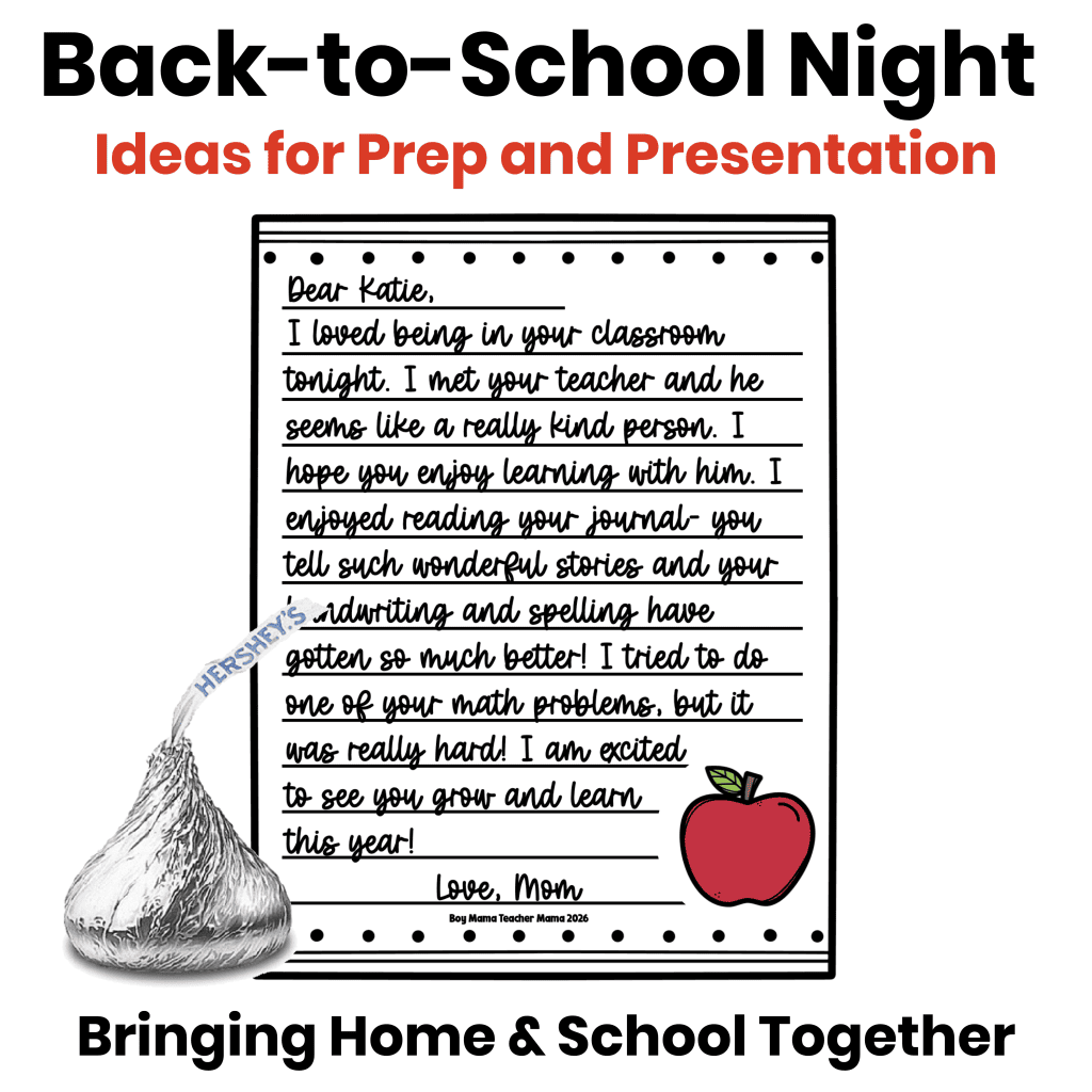 Back-to-School Night ideas featuring a parent note to a student and a Hershey’s Kiss.