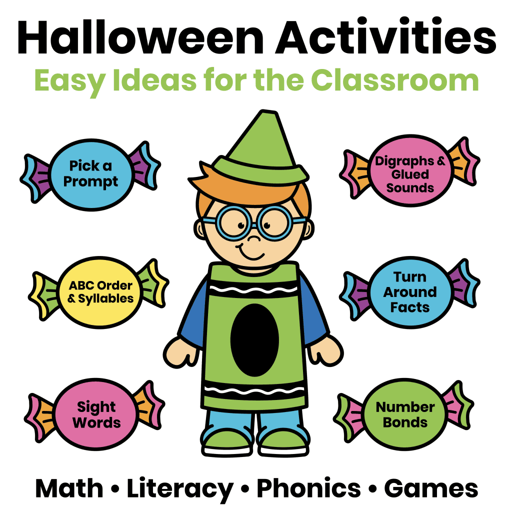 Easy Halloween activities for the classroom including math, writing, literacy, phonics, and games.