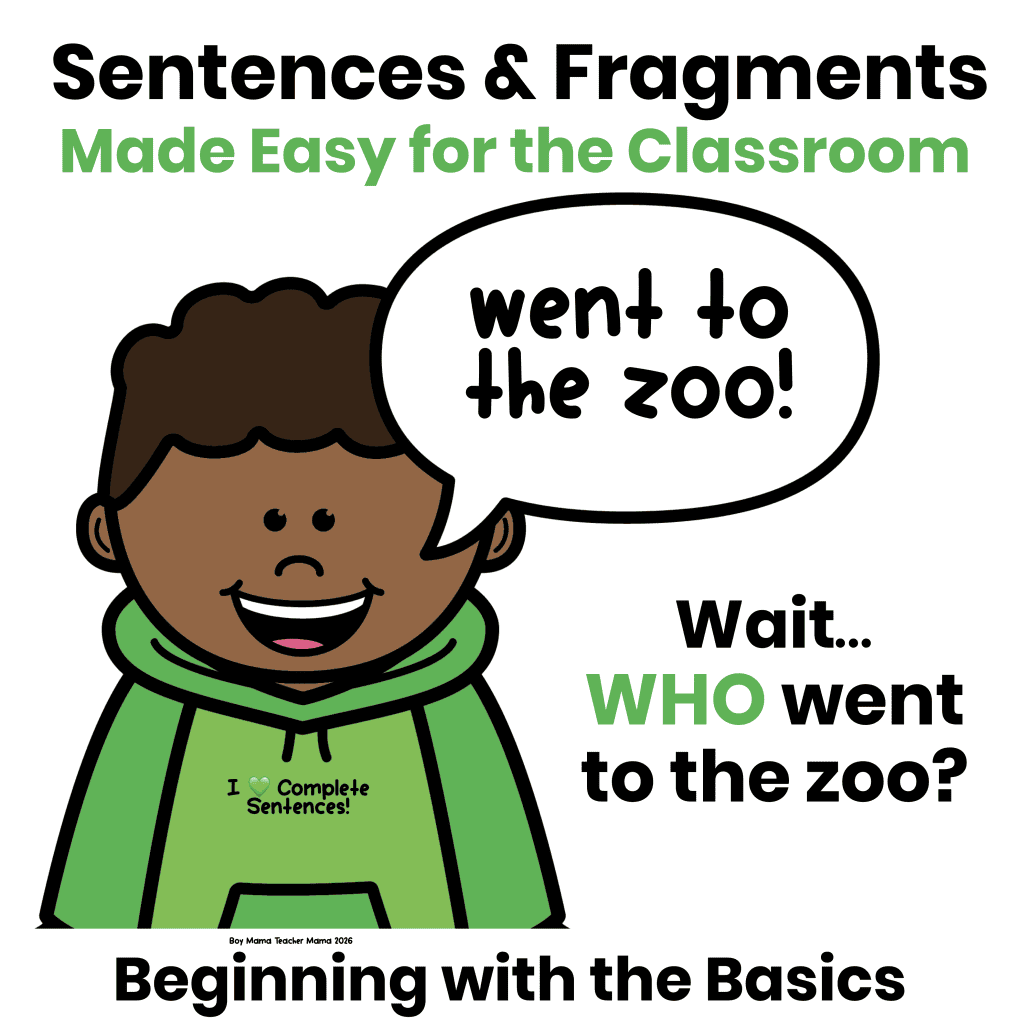 Sentences and fragments teaching activity showing a fragment, the missing who, and a complete sentence for primary students.