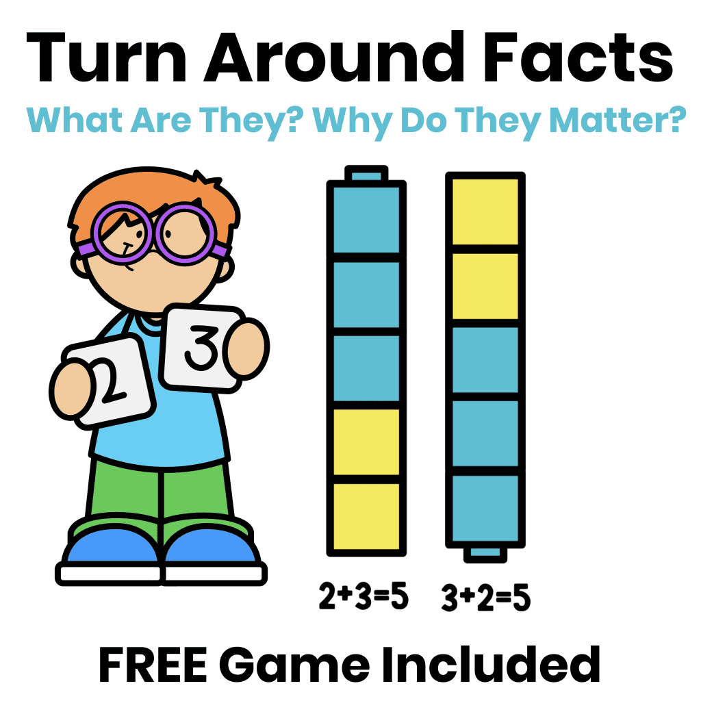 Turn around facts showing 2 + 3 = 5 and 3 + 2 = 5 using interlocking cubes
