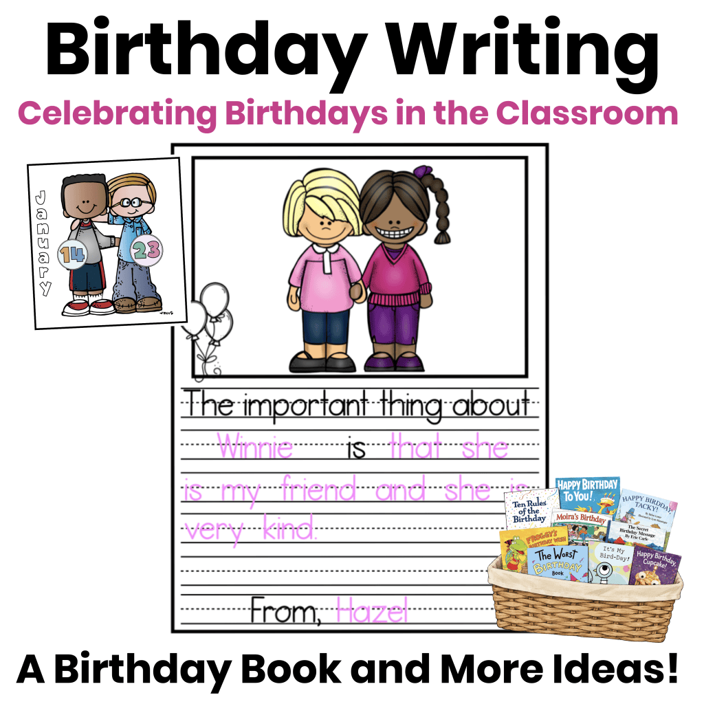 Birthday writing activity inspired by The Important Book, featuring a student writing sample, classroom birthday calendar, and basket of birthday books.