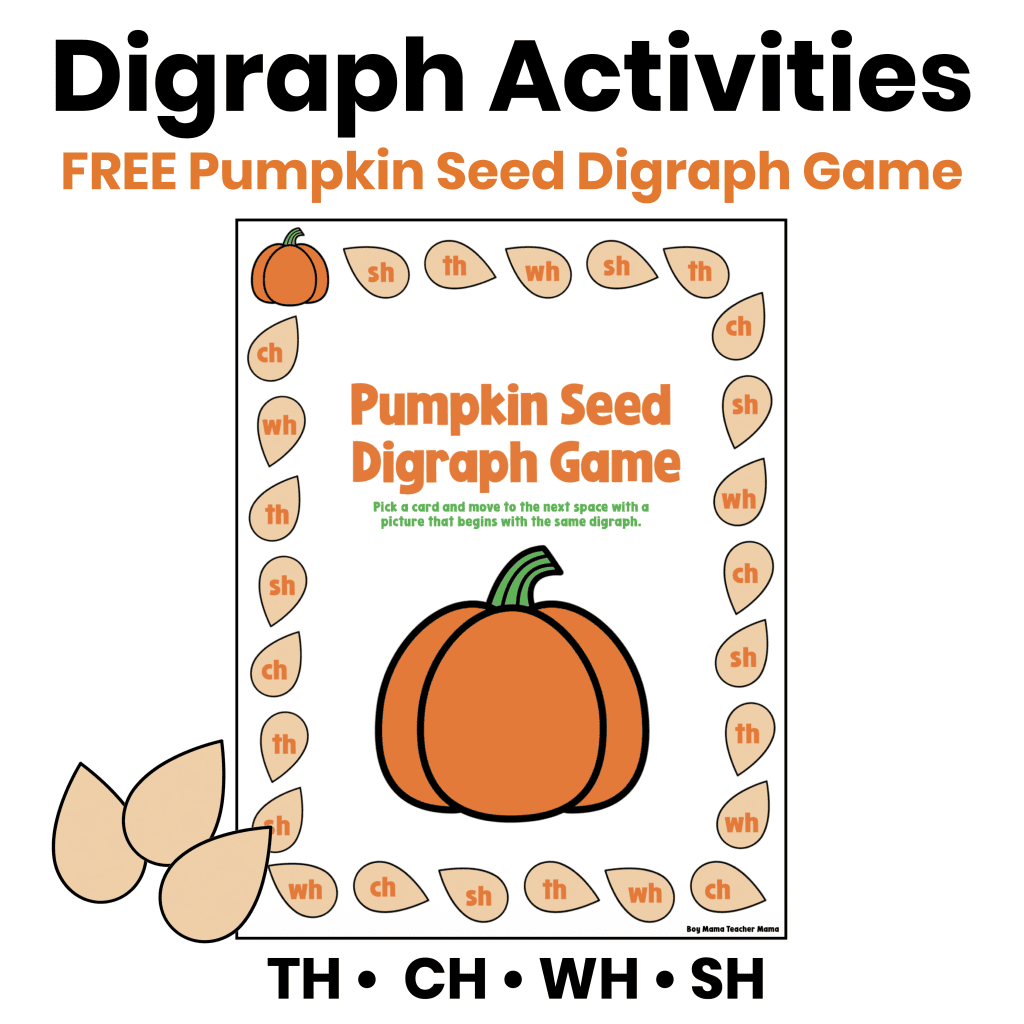 Featured image for Digraph Activities showing a free Pumpkin Seed Digraph Game board with picture cards for practicing beginning consonant digraphs SH, TH, CH, and WH.