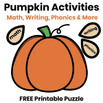 Pumpkin activities for the classroom featuring math, writing, and phonics, with a large orange
