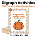 Featured image for Digraph Activities showing a free Pumpkin Seed Digraph Game board with picture cards for practicing beginning consonant digraphs SH, TH, CH, and WH.